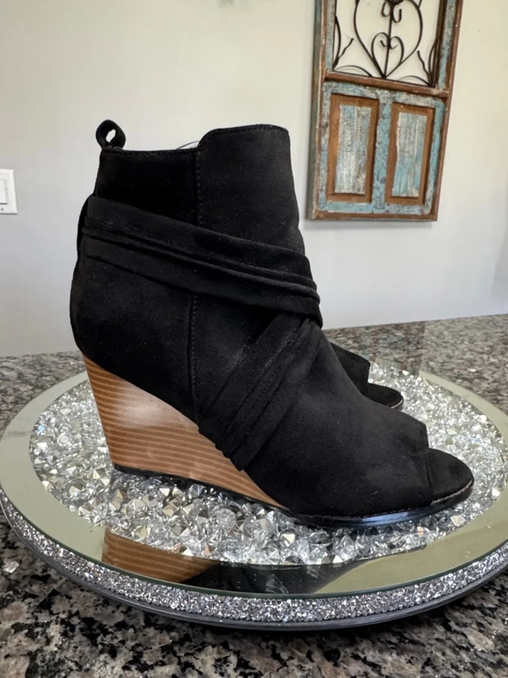 Journee Collection Black faux Suede Peep-Toe Wedge Booties 7.5